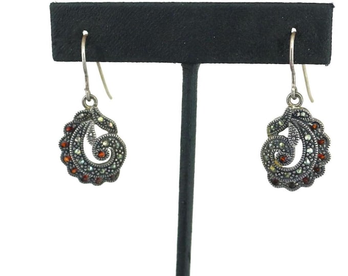 Vintage Sparkling Red CZ Crystals & Marcasite Drop Dangle Earrings 925 Sterling Silver  ER 1833