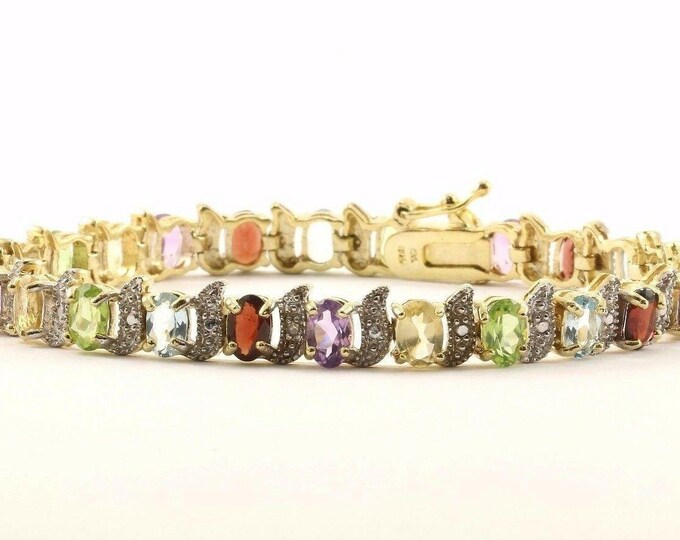 Vintage Multi Color Crystal Cz Gold Tone Tennis Bracelet Sterling Br 1613(123759779512)