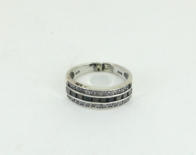Vintage Size 9 Black Onyx Stone & White Crystals  Ring  925 Sterling Silver Ring RG 2511