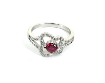 Vintage Size 7.75 Butterfly Shape Shiny Dark Pink Crystal CZ Design Ring 925 Sterling Silver RG 4671