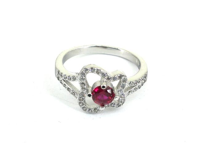 Vintage Size 7.75 Butterfly Shape Shiny Dark Pink Crystal CZ Design Ring 925 Sterling Silver RG 4671