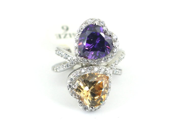 Vintage The Forever Connected Intertwined Purple & Yellow CZ Double Heart Bypass  Design Ring 925 Sterling Silver RG 4515