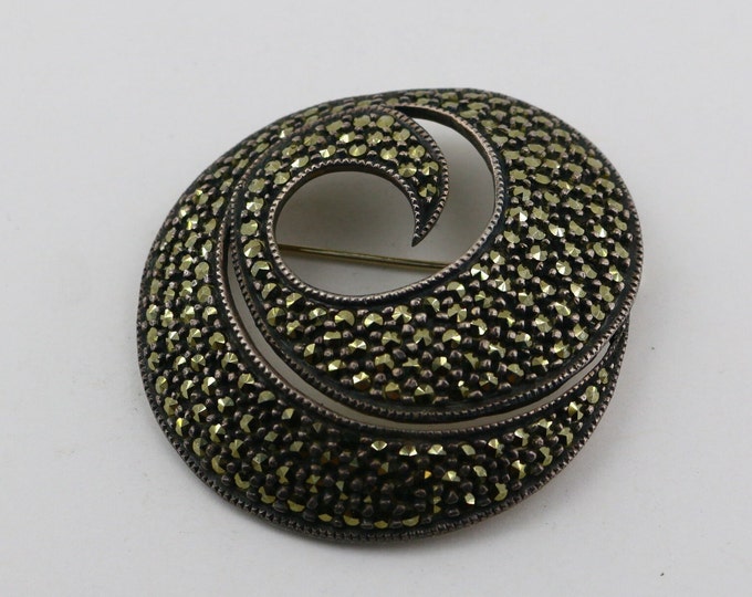 Vintage Judith Jack Shiny Scroll Beaded Leaves Marcasite Stones Large Design Brooch Sterling Silver 925 BB 2364U