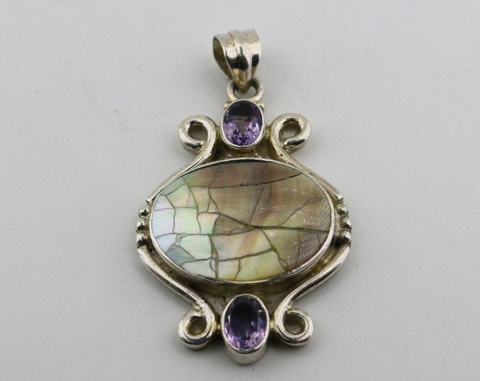 Vintage Oval Cracked Texture MOP Shell Purple Amethyst Stones Scroll Design Pendant 925 Sterling Silver PD 190S