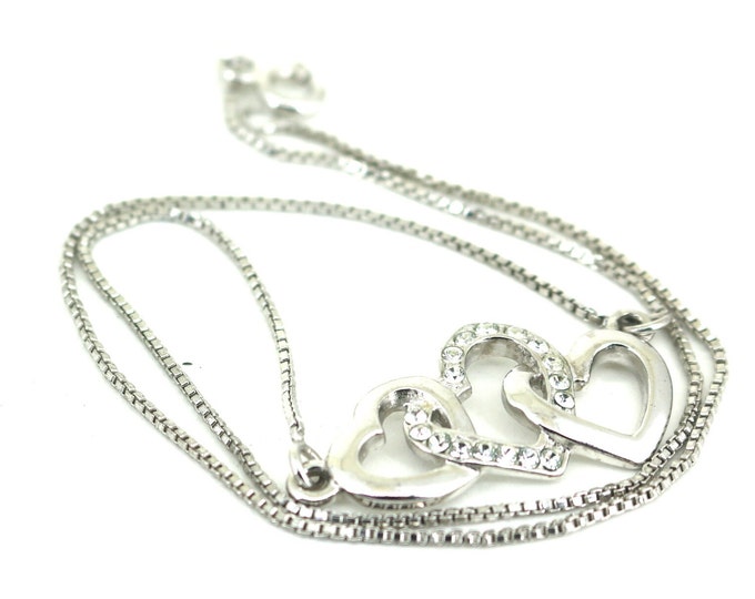 Vintage Italy Triple Open Heart CZ Chain Design Necklace 925 Sterling Silver NC 1947
