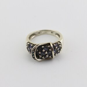 Vintage Size 6 Natural Blue Diamonds Pale Purple Amethyst Belt Buckle Shape Cluster Pave Design Ring 925 Silver RG 441M