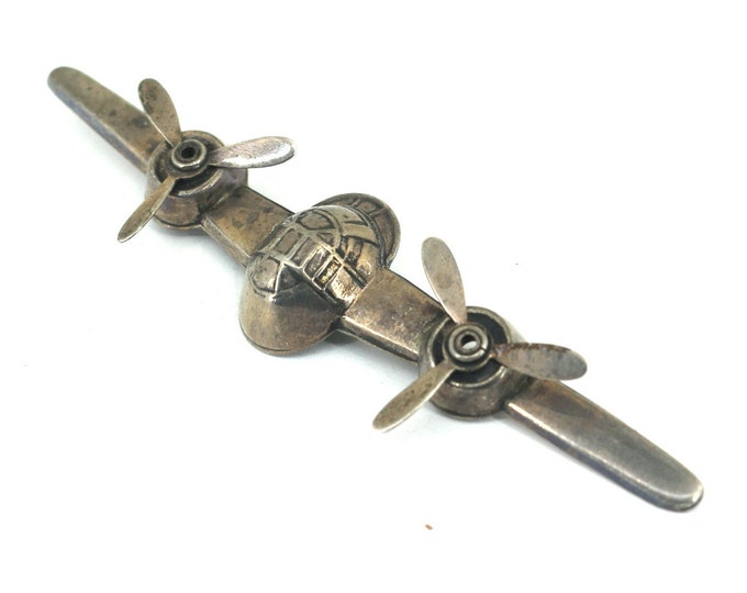 Vintage Airplane Ornament Charm Brass Oxidized Shape Pin/brooch 925 Sterling BB 974