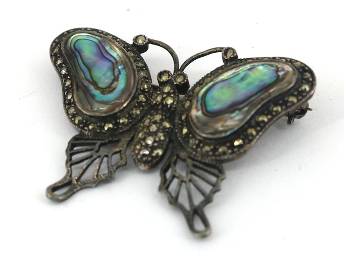 Vintage Abalone & Marcasite  Shell Butterfly Bug Insect Brooch Sterling Silver 925 BB 1813
