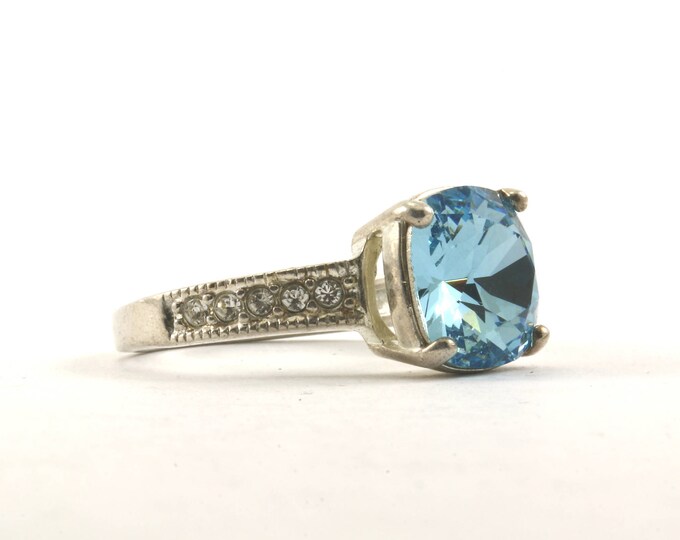 Vintage Size 7  Women's Cushion Cut Blue Color Crystal Ring 925 Sterling Silver RG 2403-E