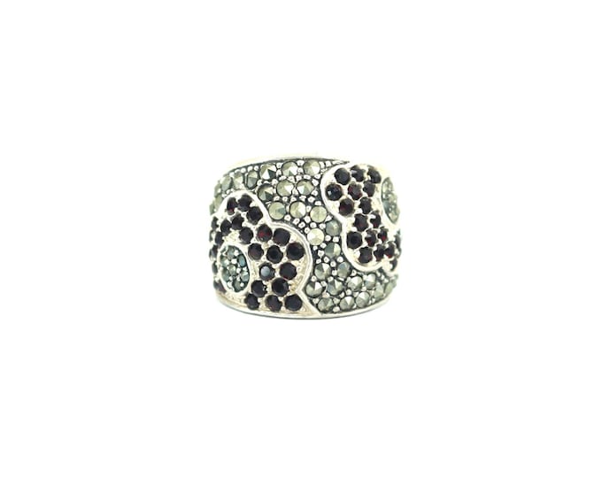 Vintage Size 7.25 Wide Red CZ Crystals & Marcasite Band Ring 925 Sterling Silver  RG 4782