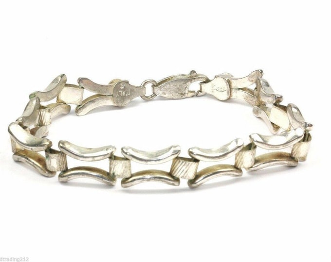 925 Sterling Vintage Italy Curved Rectangle Links Textured Bracelet  Br 899(401762035437)