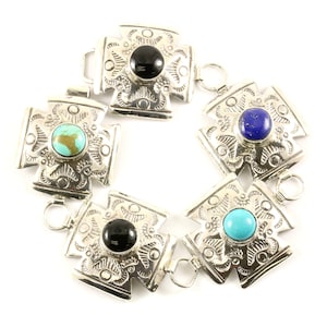 Vintage Multi Color Natural Stones Etched Ethnic Link Bracelet Sterling Silver BR 3090