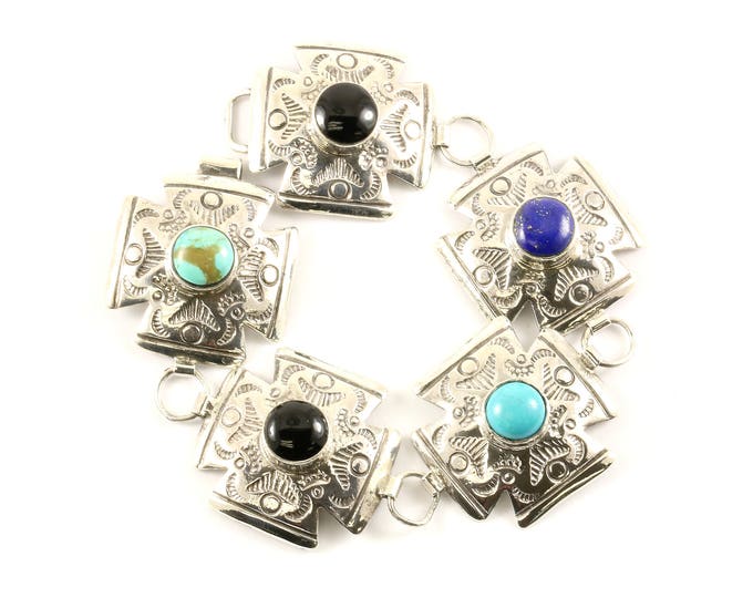 Vintage Multi Color Natural Stones Etched Ethnic Link Bracelet Sterling Silver BR 3090