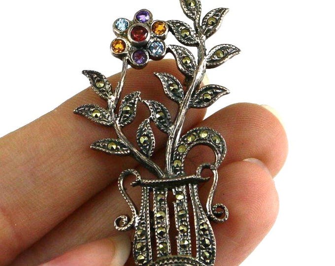 Vintage Marcasite Stones Flower Floral In Vase Brooch Sterling Silver 925 BB 829B