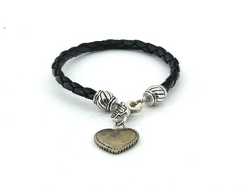 Vintage Leather Bracelet Heart Charm  Bracelet 925 Sterling Silver BR 3844