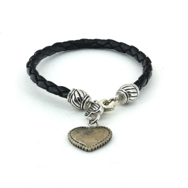 Vintage Leather Bracelet Heart Charm  Bracelet 925 Sterling Silver BR 3844