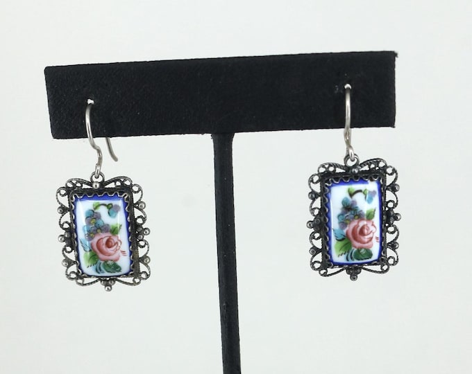 Vintage Beautiful Rectangle Bar Scroll Colorful Flowers  Design Drop Dangle Earrings 80% Silver ER 1600