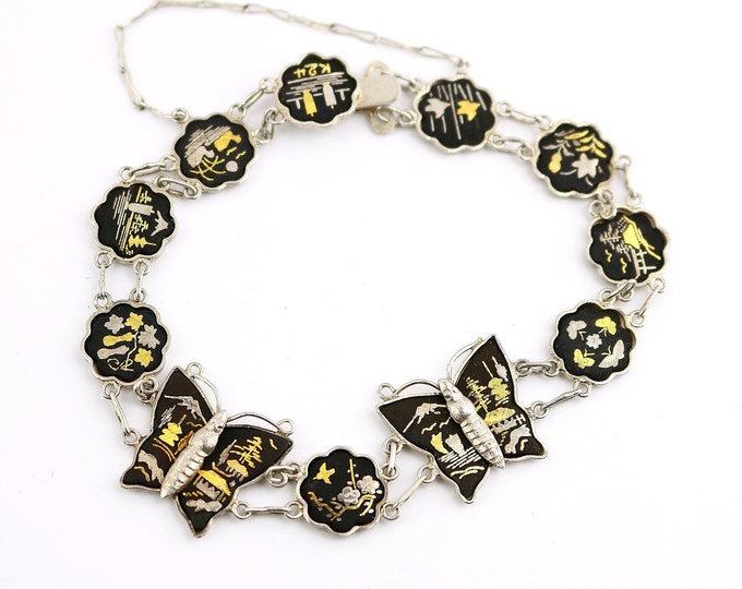 Vintage Beautiful 24K Japan Damascene Village Asian Butterfly Design Link Chain Bracelet 925 Sterling Silver NC 1810