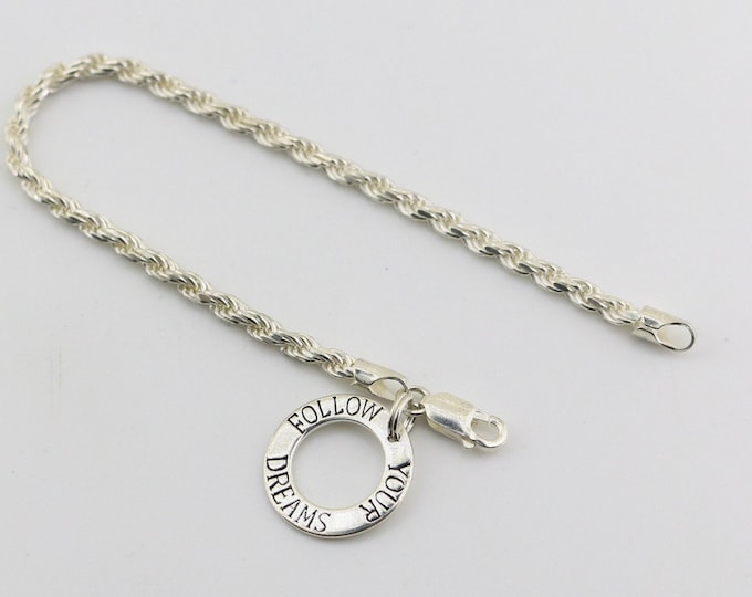 Vintage Follow Your Dreams Charm Simple Twisted Rope Design Chain Link Bracelet 925 Sterling Silver BR 3282N