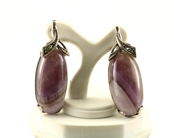 Vintage Beautiful Large Oval Purple Amethyst Design Lever Back Earrings Sterling Silver ER 1347