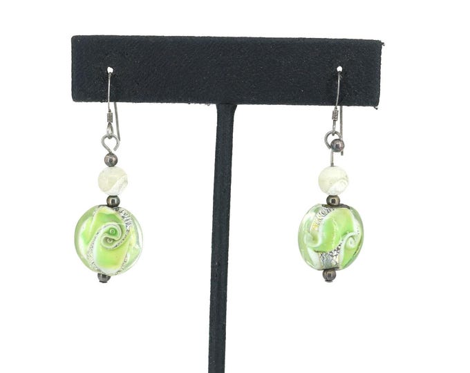 Vintage  Large Swirl Coin Round Green Lampwork design Drop/Dangle  Earrings 925 Sterling Silver ER  1576