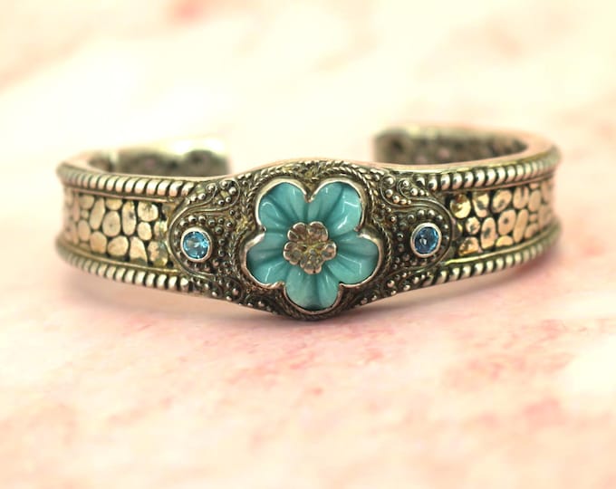 Vintage Sarda Sleeping Turquoise Flower  Cuff Bracelet Sterling BR 152