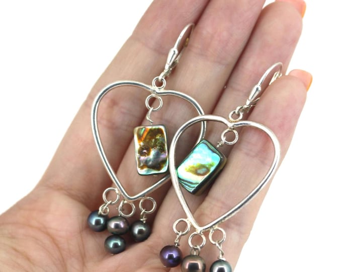 Vintage Beautiful Heart Abalone Shell Drop Dangle Earrings Sterling 925 ER 305