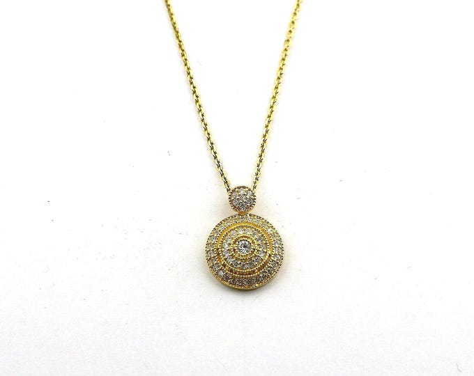 Vintage Italy Gold Plated White Crystals CZ Sparkling Round Pendant Elegant Design Necklace 925 Sterling Silver NC 829U