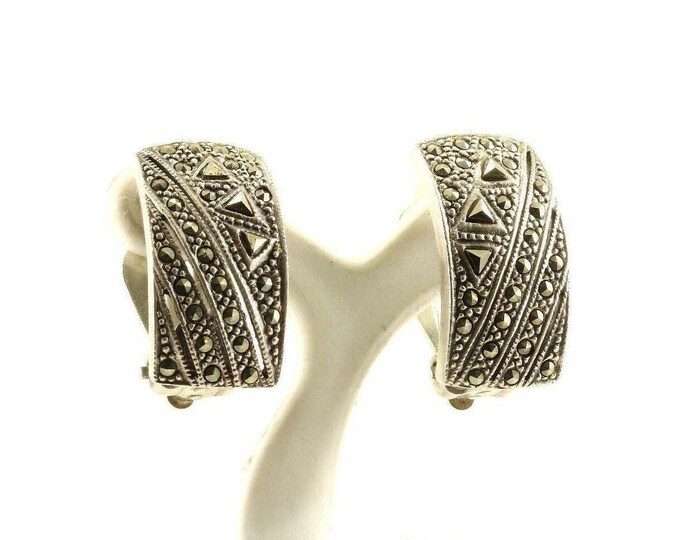 Vintage Geometric Marcasite Design Clip On Earrings 925 Sterling Silver Er 1217