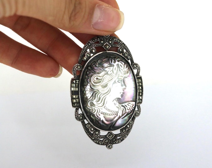 Vintage Large Cameo Abalone& Marcasite  Pendant 925 Silver PD 2411