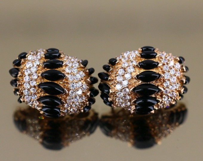 Vintage Beads Beaded Shiny White Crystals CZ Black Onyx Stones Rose Gold Plated Design Stud Earrings Sterling Silver 925 ER 1808
