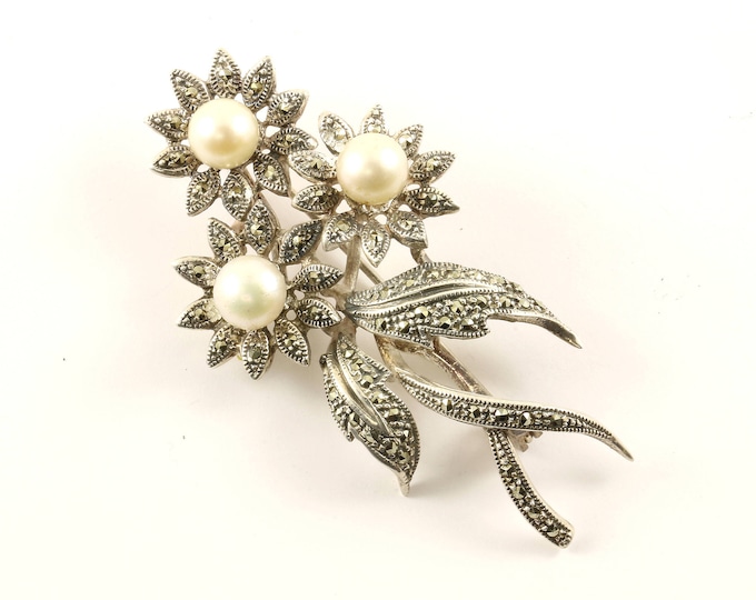 Vintage Floral Flowers Marcasite Pin/Brooch 925 Sterling BB 1319