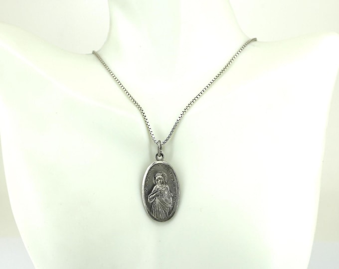 Vintage " Cuore Addolorato E Immacolato Di Maria" - Sorrowful & Immaculate Heart Of Mary Pendant Necklace 925 Sterling NC 1468