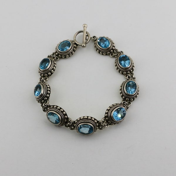 Vintage Stunning Bali Suarti Beaded Faceted Blue Topaz BA Indonesia Design Chain Bracelet Sterling Silver Br 3796V