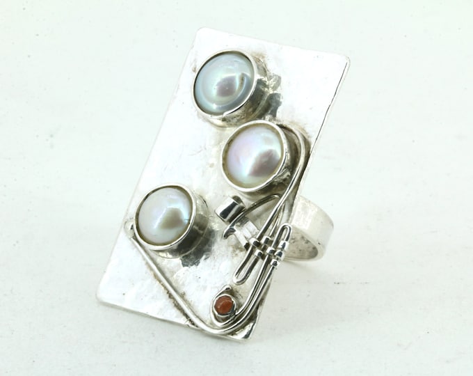 Vintage Size 7.25 Artistic Design Natural Pearl  Ring 925 Sterling Silver RG 1365