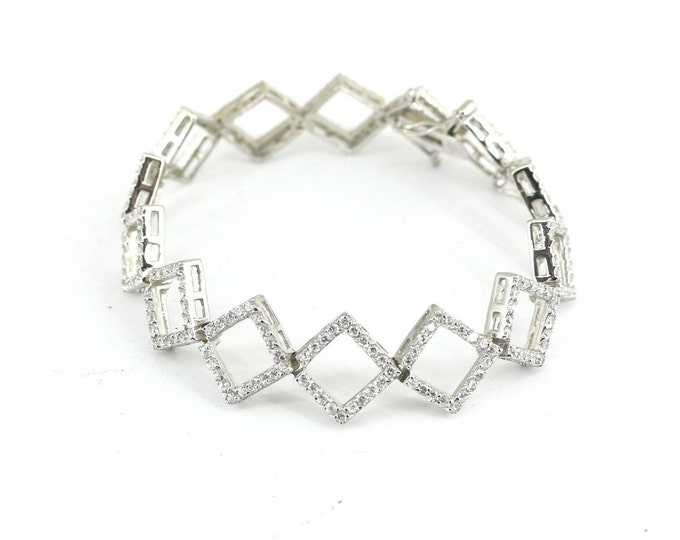 Vintage Rhombus Shape CZ Crystals Chain Design Tennis Bracelet 925 Sterling BR 2082