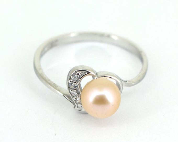 Vintage Size 7 Heart Shape Natural Pearl Crystal CZ Ring 925 Sterling 925 Silver RG 4662