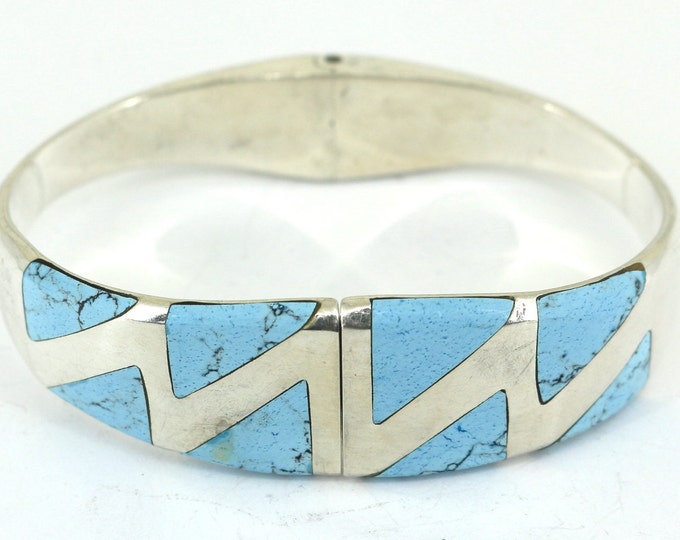 Vintage Mexico MWS Blue Turquoise Bangle Bracelet 925 Sterling Silver BR 1484