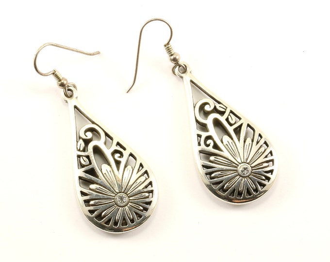 Vintage Beautiful Scroll Crystal Statement Design Drop/Dangle Earrings Sterling Silver ER 1234