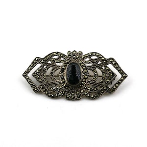 Vintage Geometric Art Deco Oval Long Shiny Marcasite Stones Black Onyx Design Brooch Sterling Silver 925 BB 2354S