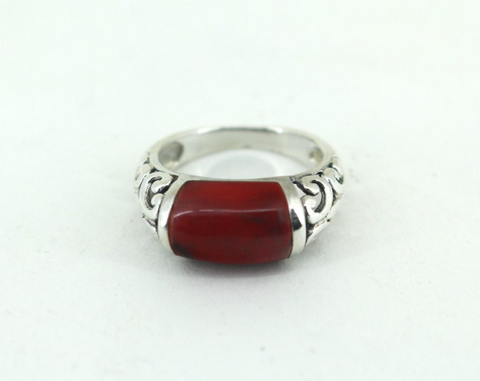 Vintage Size 6.75 Red Stone Filigree Ring 925 Sterling Silver  RG 4141