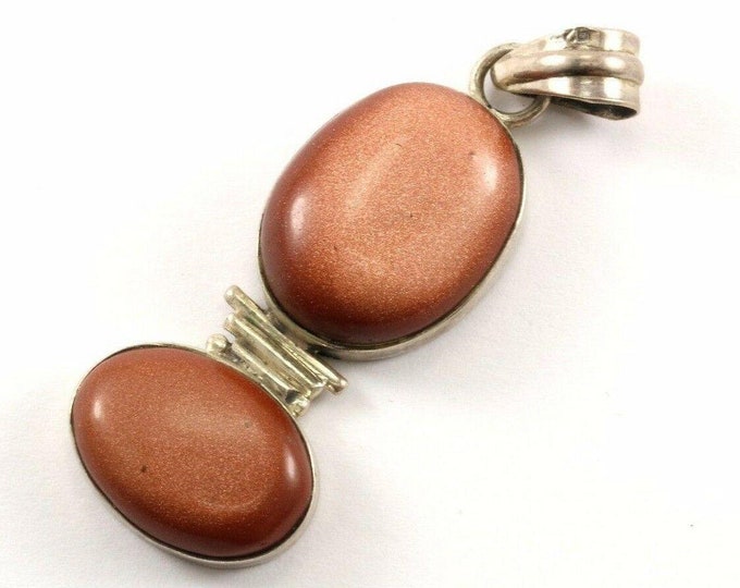 Vintage Two Oval Brown Goldstone Gemstone Pendant 925 Sterling Pd 1284(273772193311)