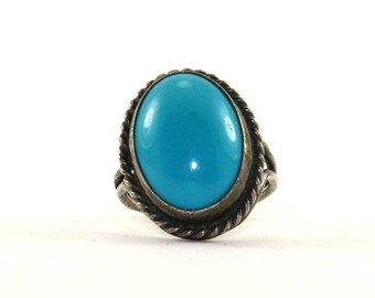 Vintage Size 5.25 Blue Stone Cable Frame Ring 925 Sterling Silver Rg 1128