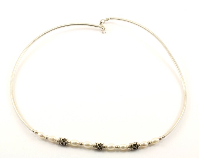 Vintage Mother of Pearl Bead CZ Inlay Necklace 925 Sterling NC 697-E