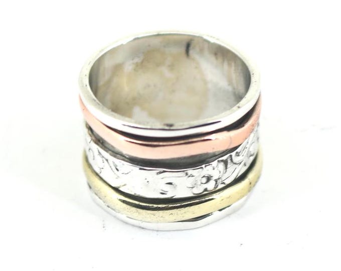 Vintage Handmade Rose & Yellow Gold Plated Spinner Band Ring Sterling Silver RG 4597