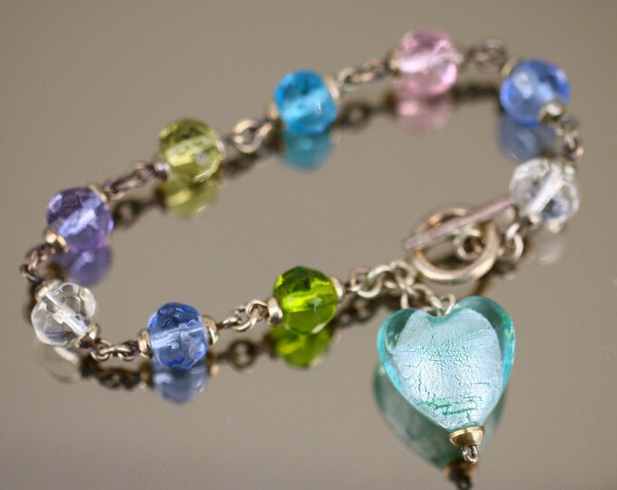 Vintage Multi Color Crystal Beads Heart Design Chain Toggle Bracelet 925 Sterling Silver BR 3847