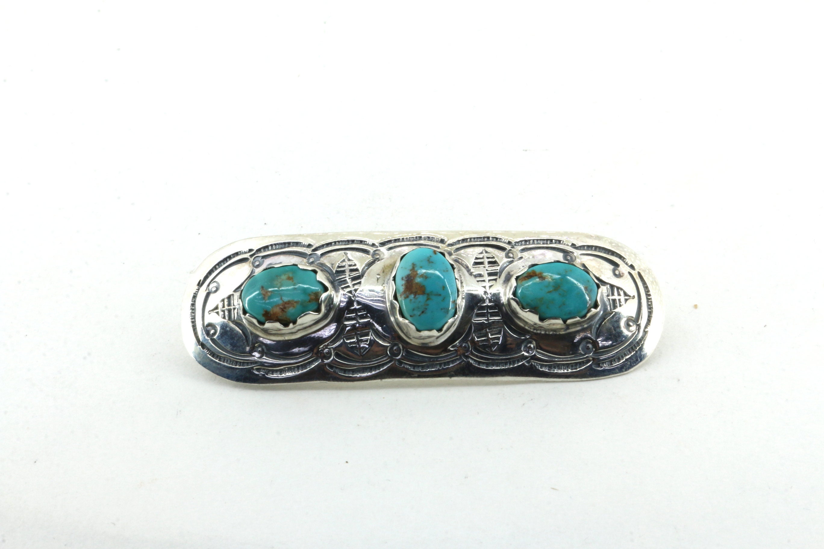 Vintage Navajo Silver and Turquoise Stone Western Hair Barrette Item #1018N- Navajo Royston Turquoise Sunrise Stamped  main image 3