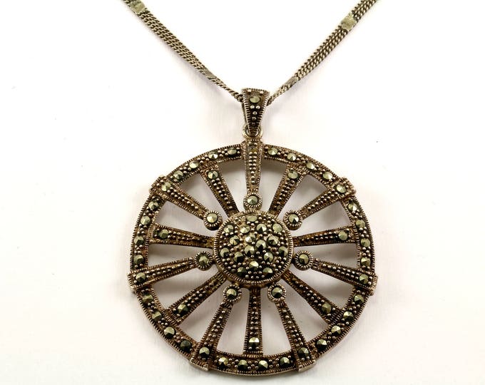 Vintage Round Shape Flower Design Marcasite Inlay Necklace 925 Sterling Silver NC 240-E