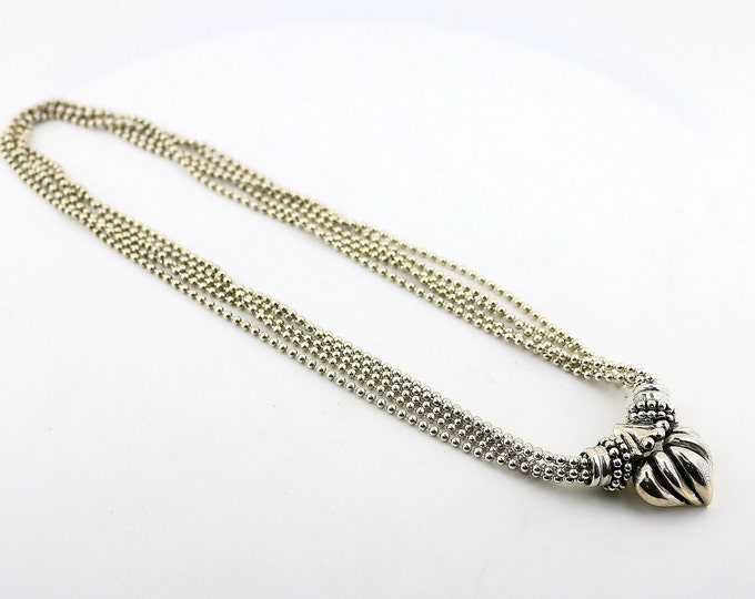 Vintage Espo Joseph Esposito Stocko Clip Ribbed Heart Shape Pendant Beaded Chain Design Necklace 925 Sterling Silver NC 1756