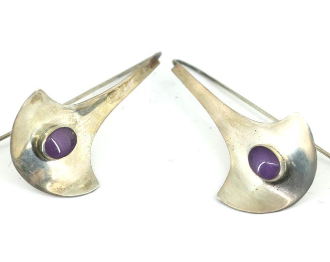 Vintage Whale Tail Purple Gemstone Hook Earrings Sterling Silver 925 ER 912